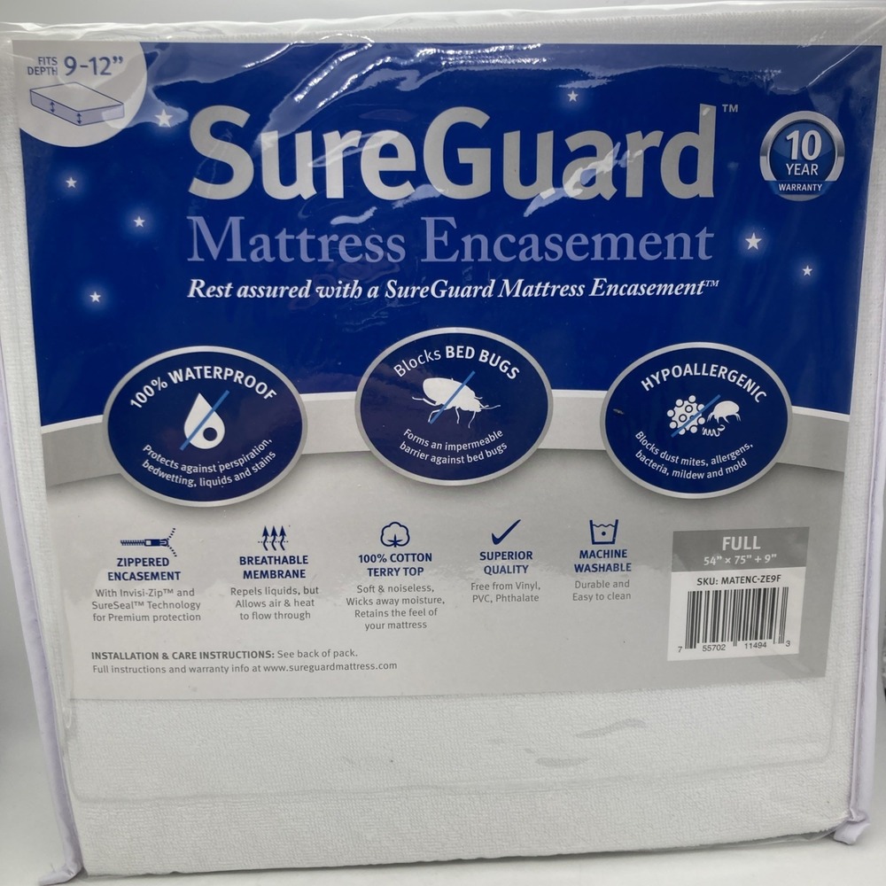 Full (9-12 in. Deep) SureGuard Mattress Encasement - 100% Waterproof, Bed Bug